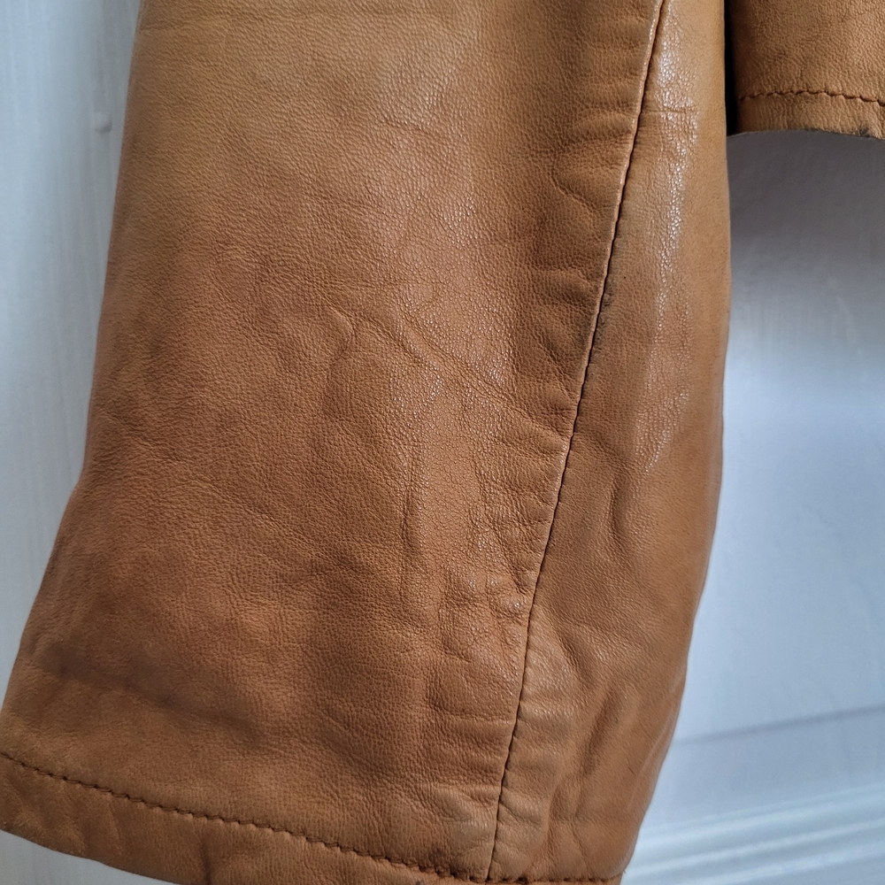 Women's Tan Ruffle Leather Jacket - Picture 11 of 14